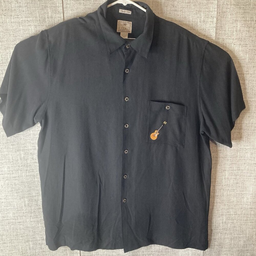 Men's Luau 100% SILK Hawaiian Shirt Black Size XL With Pocket Short Sleeve